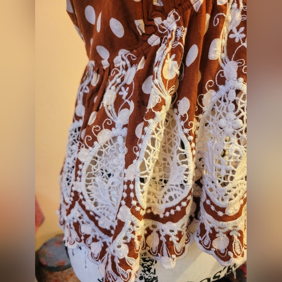 Free People Lunch Date Rust Polka Dot Adjustable Boho Halter Top, Babydoll M EUC - Picture 9 of 15